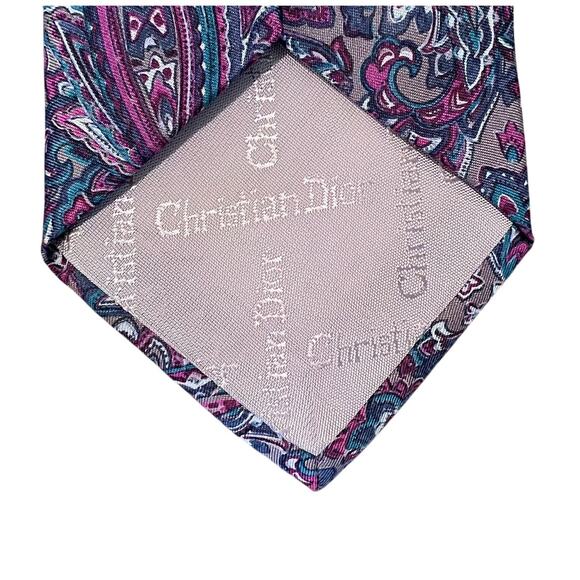 Christian Dior Gray, Purple, Blue Paisley Silk Tie, 55" Long - Picture 3 of 6
